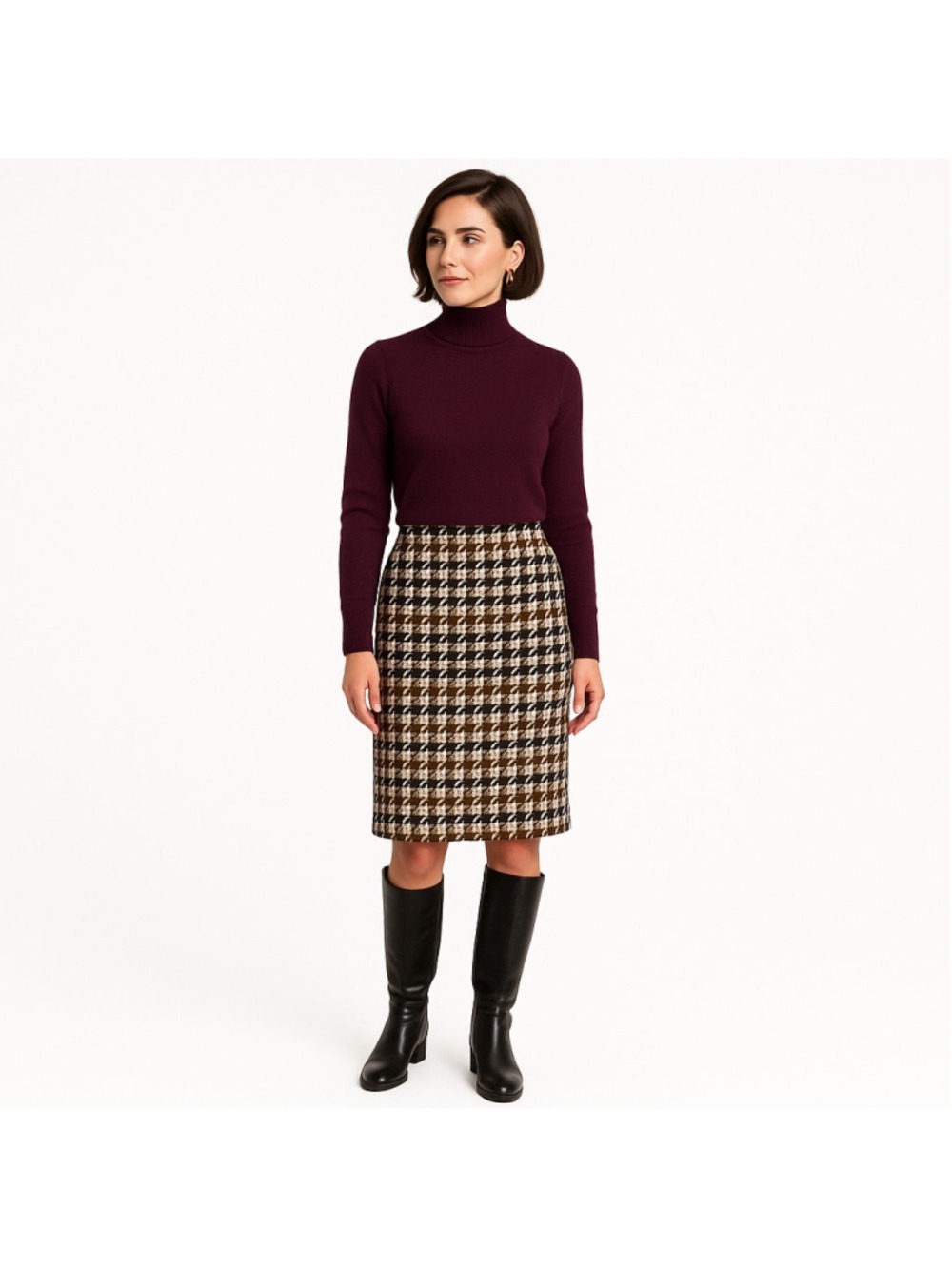 Vintage Wool Houndstooth Pencil Skirt, Cream, Tan, Black, Plum Purple, Size 4